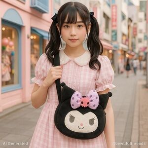 Sanrio Kuromi Plush Tote Bag w/ Pink Polka Bow – Kawaii Gothic Lolita Style